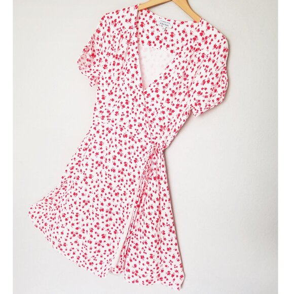 & Other Stories White Red Ditsy Floral True Wrap Mini Dress 6 Short Sleeves Boho - Picture 16 of 16